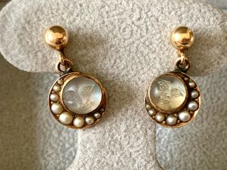 Antique Victorian Carved Man In The Moon Moonstone Earrings - Rare