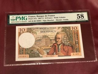 France French 10 Francs Voltaire Pmg 58 Aunc Pick 147c Issued 1969 Rare Date