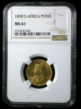 South Africa Zar 1898 Gold Pond Ngc Ms - 61 Rare Boer War Issue Looks Better
