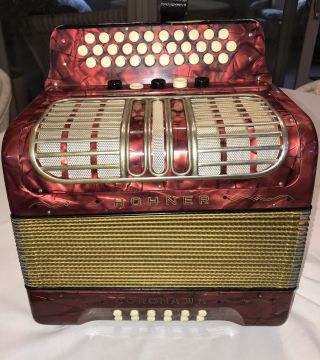 Vintage Hohner Corona Iii R Button Accordion Red Rare And