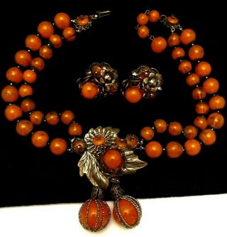 Rare Vintage Signed Miriam Haskell Orange Glass Necklace & Earring Set A12