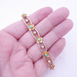 15ct Rose Gold Natural Turquoise Seed Pearl Bracelet,  Victorian Rare 17.  1 Grams