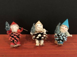 3 Rare Vtg Glitter Pinecone Elves Gnomes Skis,  Flute,  Tree,  Pipe Cleaner Details