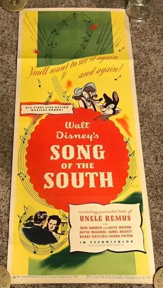 1946 Song Of The South Insert Movie Poster,  14x36,  Disney,  Rare