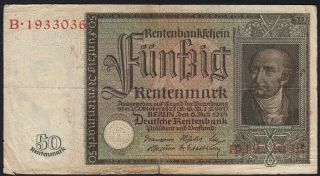 1934 50 Rentenmark Germany Rare Scarce Vintage Paper Money Banknote Currency Vg