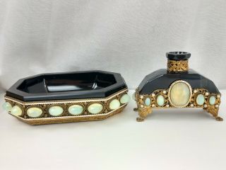 Rare Deco Hoffman Jeweled Footed Black Czech Austria Perfume Bottle & Dish Tray