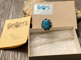 Rare Navajo Handmade Godbers Trading Sterling & Gem Blue Turquoise Ring Size 5.  5