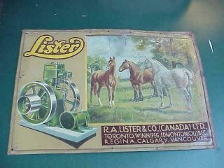 1900 Lister Hit Miss Engines Tin Litho Illus Sign Horses Canada Rare Uk Green