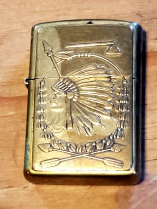 Rare Vintage Brass Zippo Lighter Native American Indian Chief Warrior Head