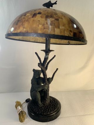 Rare Htf Pre - Owned Maitland Smith Bronze Bear Tree Trunk Lamp With Shade