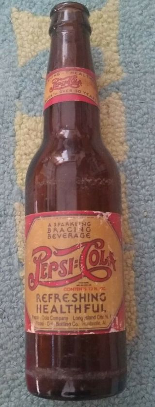 Rare Old Pepsi - Cola Double Dot Paper Label Amber Bottle.  Cool