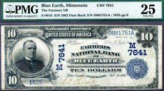 Hgr Ch 7641 1902 $10 Blue Earth Minnesota Date Back ( (x - Rare 2 Known))  Pmg Vf - 25