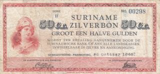 1/2 Gulden Fine Banknote From Netherlands Suriname 1940 Pick - 105a Very Rare