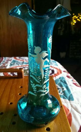 Fenton Blue Blown Glass Hand Painted Mary Gregory Ruffled Top Vase Cherub Rare