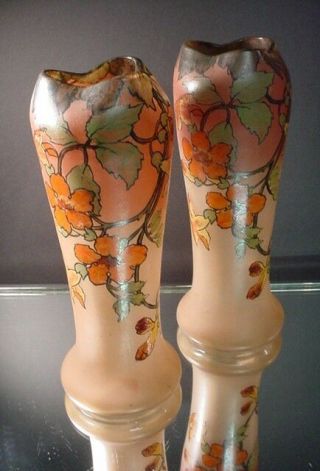 Rare Pr Legras French Art Glass Crimped Enameled Vases W/flowers Art Deco France