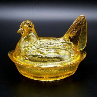 Vintage Fenton Yellow Glass Hen Chicken On A Nest Covered Candy Dish Rare