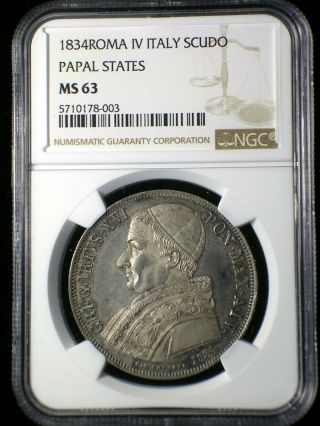 Italy Papal States 1834 Roma Iv Scudo Ngc Ms - 63 Rare Type Only 2 Graded Higher
