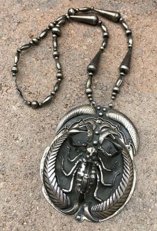 Rare Massive Old Pawn Navajo Sterling Silver 3d Scorpion & Leaf Necklace Pendant
