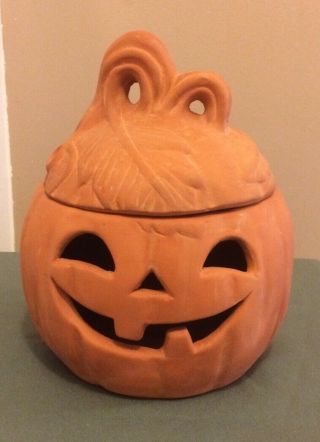 Vintage Halloween Terra Cotta Pottery Jack O Lantern Vine Lidded Pumpkin Rare