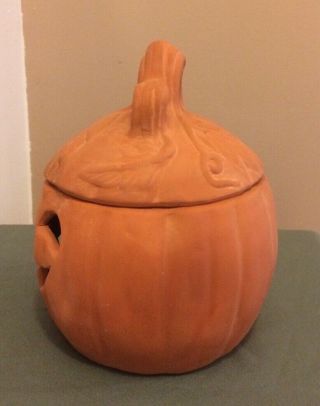 Vintage Halloween Terra Cotta Pottery Jack O Lantern Vine Lidded Pumpkin Rare 2