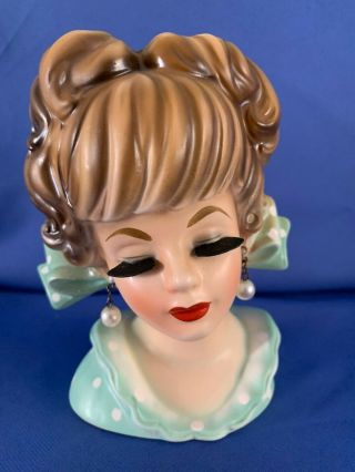 Rare Vintage Lady Head Vase With Large Blue Polka Dot Bow And Dress