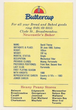 Henny Penny Buttercup Newcastle Knights card David Thorne issued 1989 RARE 2