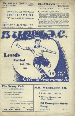 Very Rare Football Programme Bury V Leeds United 1951
