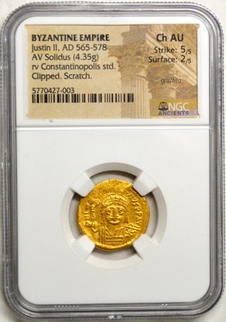 Byzantine Empire Justin Ii Av Solidus Ngc Choice Au 5/5 - 2/5 Rare Gold