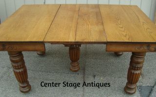 61158 Antique Victorian Oak Dining Table W/ 2 Leaves Rare Carved Skirt