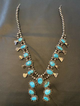 Old Pawn Navajo Sterling Silver Squash Blossom Necklace Turquoise Antique Rare