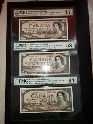 Canada $100 1954 Pmg 64 Full Set Of 3 43a,  43b,  43c British French Rare