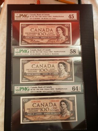 Canada $100 1954 PMG 64 Full Set of 3 43a,  43b,  43c British French RARE 2