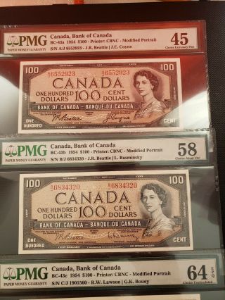 Canada $100 1954 PMG 64 Full Set of 3 43a,  43b,  43c British French RARE 3