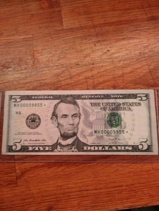 2013 $5 Very Rare 320k Run Star Note Fancy Number And Very Low Serial Mh00009855