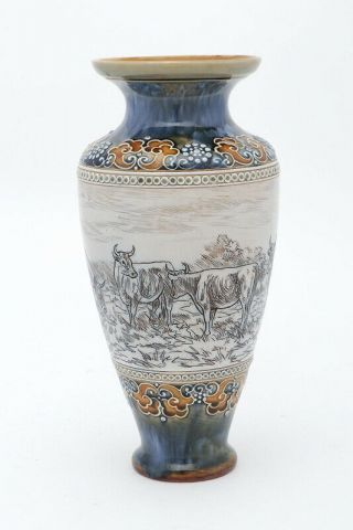 Rare Doulton Lambeth Stoneware Vase W/cattle / 1870s Hannah Barlow / Showpiece