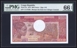 Very Rare Congo Republic 500 Francs 1978 P2b Pmg Gem Uncirculated 66 Epq Top Pop