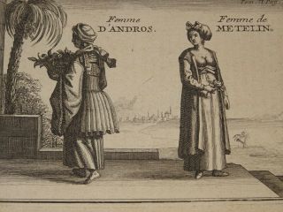 Rare Gravure Xviii Costumes Femmes Mytilene Mitilini Andros Grece Greece 1720