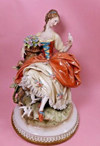 Rare 11 " Capodimonte Figure Of Lady With Flowers & Birds By Cappe - Dresden Lace