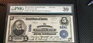 Rare 1902 $5 National Currency Pmg Vf30 Myerstown Nb,  Pa,  Fr 607,  Ch 5241
