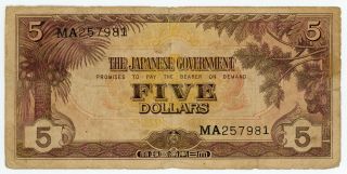 1942 Japanese Occupation Note Jim Malaya 5 Dollars Ma Serial Numbers - Rare
