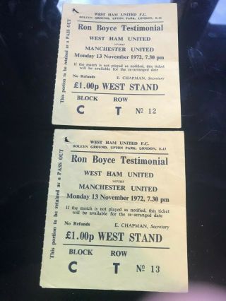 2 Rare Ticket Stubs Ron Boyce Testimonial 13 Nov 1972 West Ham Utd V Man Utd