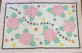 Rare Vtg Chanel 90s Pink Floral Logo Beach Towel