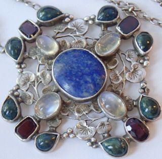 Rare Antique Arts & Crafts Sterling Silver Moonstone Sodalite Garnet Necklace