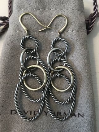 David Yurman Sterling Silver 18k Gold Chain Mobile Hoop Dangle Earrings Rare