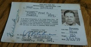 Rare Official Us Navy Wwii Photographer Id Card 1945 Pacific Fleet