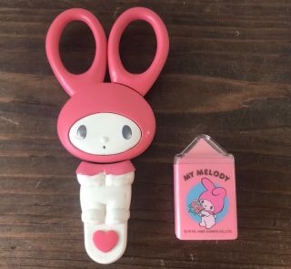 Rare Vintage Sanrio 1983 My Melody Pink Bunny Ear Handle Scissors W/ Cap,  Eraser