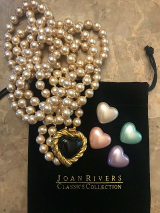 Joan Rivers Rare 2 Strand Faux Pearl Necklace With 5 Interchangeable Hearts