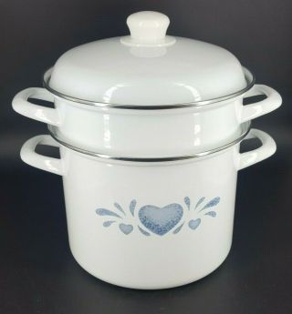 Blue Hearts Corning Ware Coordinate Stock Pot,  Strainer,  And Lid,  Enamel Rare