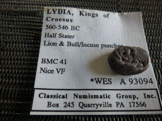 Extremely Rare Lydia Kings Of Croesus 560 - 546 Bc Half Starter Lion/bull Vf 5.  28g
