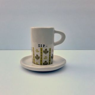 Rae Dunn Vintage Espresso Mug Cup Saucer Sip Rare Discontinued Small Leaves